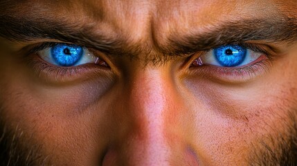 Fototapeta premium A man with blue eyes and a beard has a stern expression on his face. The blue eyes are the focal point of the image, drawing attention to the man's gaze. The man's facial hair adds to the rugged