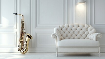 White saxophone leans against a wall beside an armchair in a bright room.