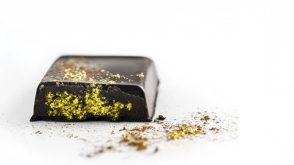 Gourmet dark chocolate with edible gold dust and cocoa powder on white background Dubai chocolate