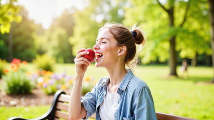 Woman Enjoying Summer Apple in Sunny Park