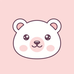 White kawaii polar bear's head on pink background. Vector cute animal character.