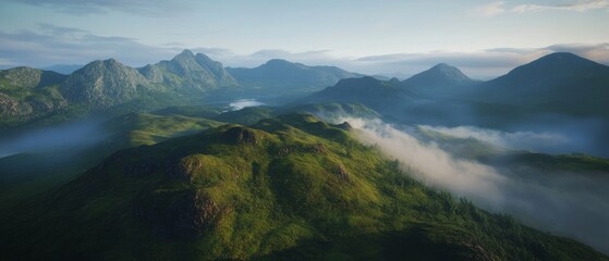 Cinematic view of the Scottish Highlands showcasing misty rolling hills and serene lochs at dawn