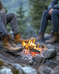 Cozy campfire gathering with hikers boots and legs in forest setting