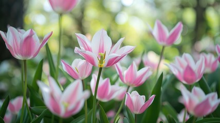 Fototapeta premium Vibrant spring bloom of pink Kaufmanniana tulips in a sunlit garden