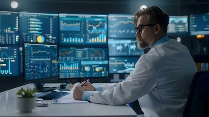 Analyst reviewing data on monitors in a dark control room, noting insights