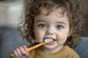 Little child practicing dental hygiene by brushing teeth close up