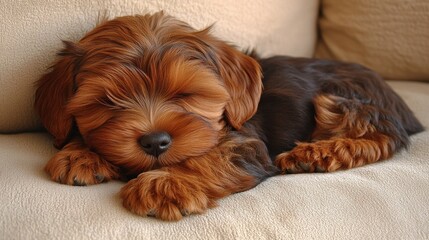 A small brown dog is sleeping on a couch. The dog is curled up and has its head resting on its paws. The couch is covered in a soft, plush material, providing a comfortable spot for the dog to rest