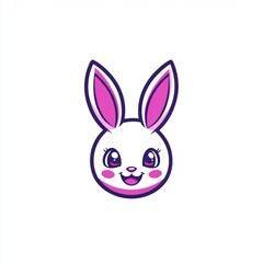 White bunny face smiles, pink inside ears, simple white background. Design for kids illustration