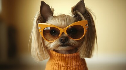 Obraz premium A small dog wearing a yellow sweater and glasses. The dog is looking at the camera with a smile
