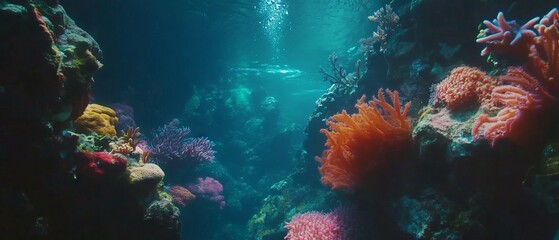 Fototapeta premium Vibrant underwater coral reef teeming with diverse marine life in a serene ocean landscape