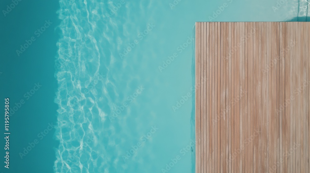 Poster aerial view of a wooden sundeck extending over a tranquil turquoise swimming pool, creating a serene
