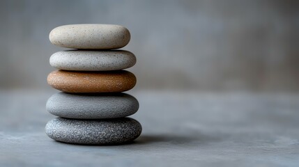 Balanced stones stack, grey background, zen concept, calm, spa