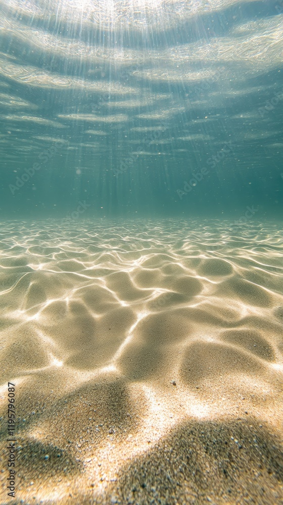 Poster Sunlight filters through the rippling water surface, creating mesmerizing patterns of light and shadow on the sandy seabed below, offering a tranquil underwater seascape