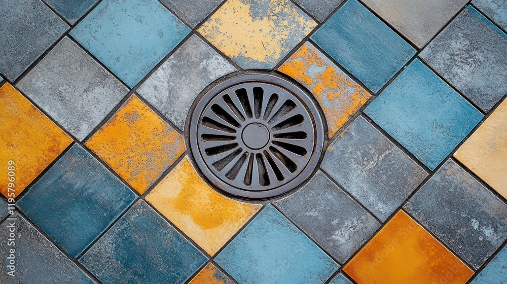 Poster decorative floor drain set in colorful patterned tiles.