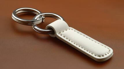 Elegant White Leather Keychain on Brown Leather Surface Background