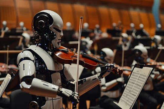 A humanoid robot plays violin in a robotic orchestra. Other robots are visible, all playing instruments. The scene is a concert hall.