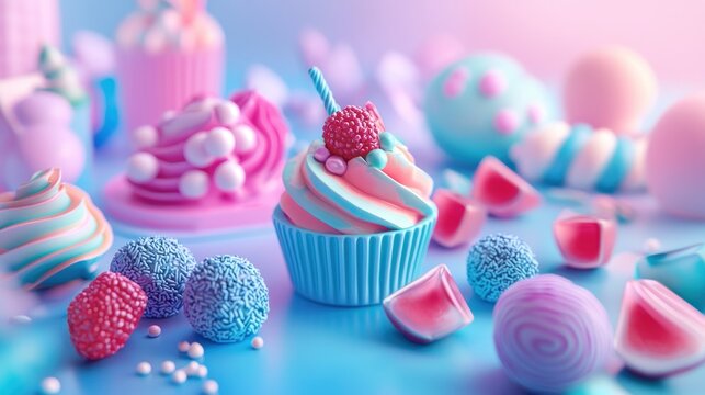 Colorful pastel cupcakes, candies, and sweets on a blue background.