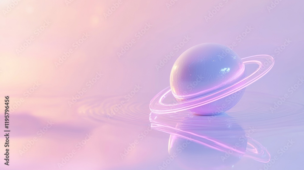 Wall mural pastel planet with ring system reflecting on glossy surface.