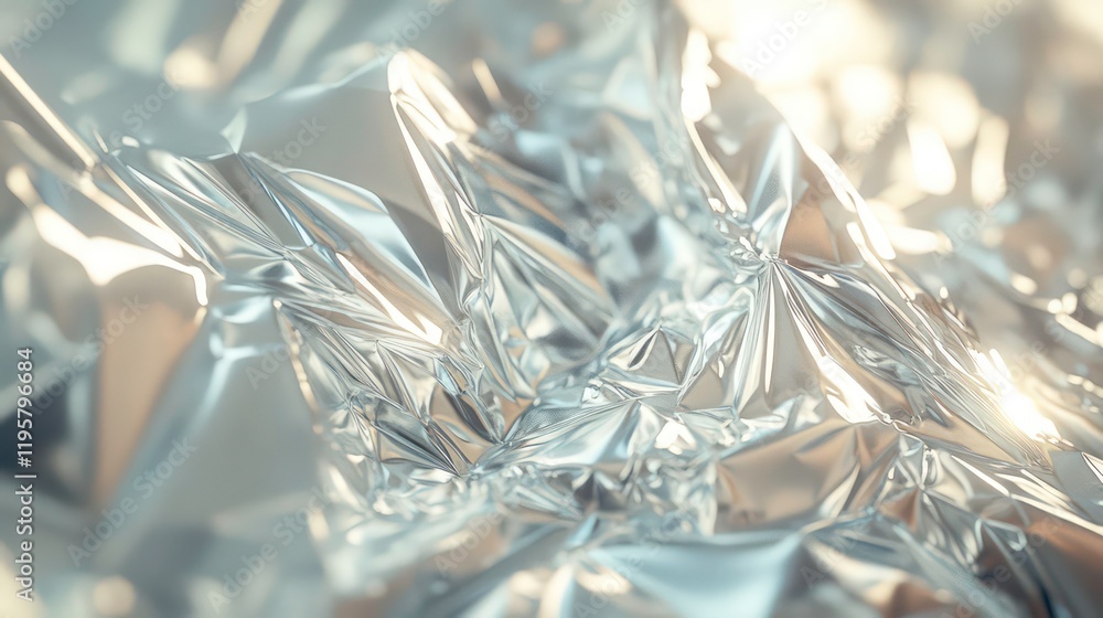 Poster abstract close-up of crumpled metallic foil reflecting light, creating a textured, shiny surface wit