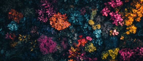 Mysterious dark forest silhouette with vibrant flowers and plants in a captivating flat lay arrangement