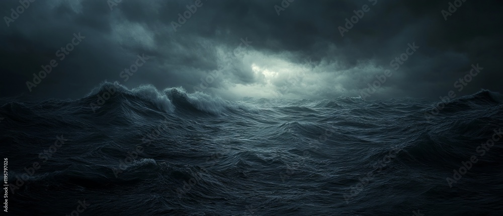 Poster dynamic ocean waves crashing against a stormy backdrop with a central blank space for text