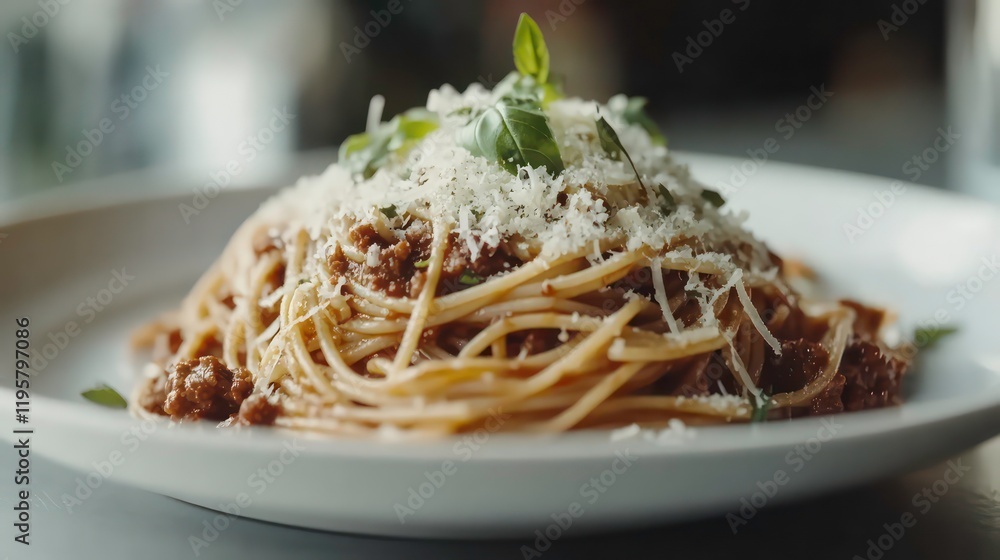 Poster close-up of a plate of spaghetti bolognese topped with parmesan cheese and basil.