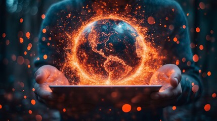 Person Holding Digital Tablet With Glowing Globe, Concept For Global Technology, Innovation