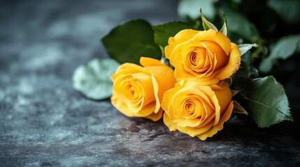Three yellow roses are sitting on a grey surface. The roses are the main focus of the image, and they appear to be the most vibrant and beautiful part of the scene