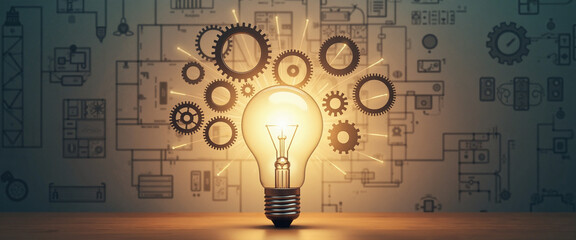 Light bulb surrounded by gears symbolizing innovation and creativity against a technical blueprint background