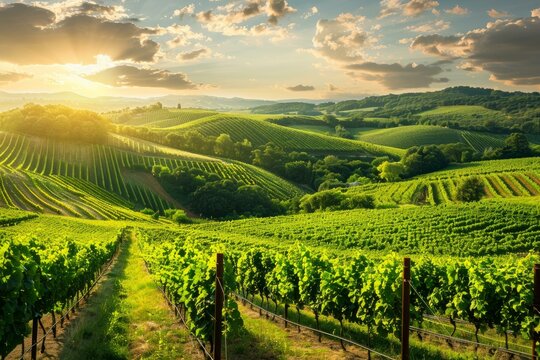 Rolling hills covered with vineyards bathed in the warm glow of sunset in the tuscan countryside