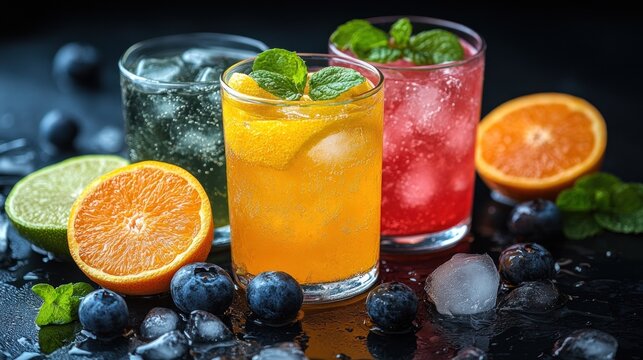 Refreshing summer cocktails with citrus garnishes and berries on a dark background, ideal for beverage promotions