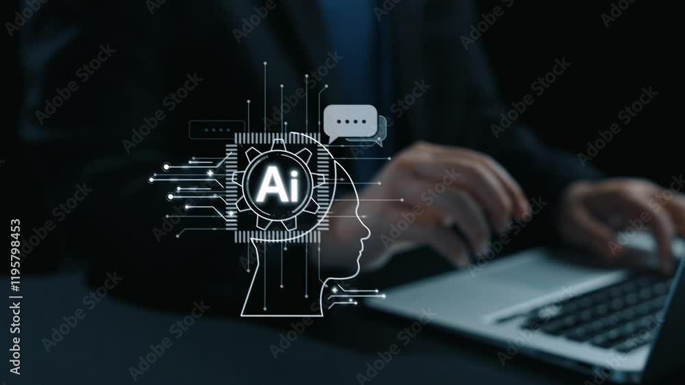 Poster human interact with ai artificial intelligence brain processor in concept of ai artificial intellige