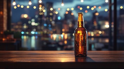 Brown beer bottle on wooden bar top, city skyline view, night
