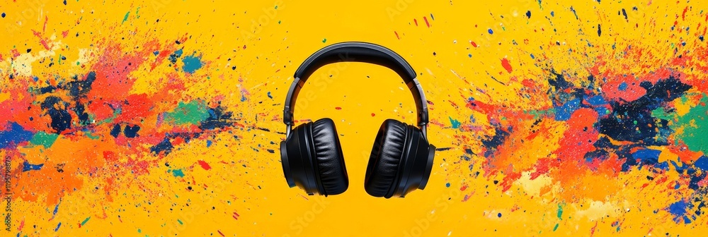 Poster Black wireless headphones are placed on a vibrant yellow background splattered with colorful paint, creating a dynamic visual representation of music, creativity, and artistic expression