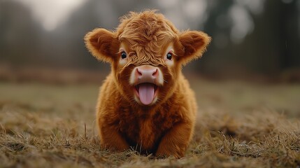 Fototapeta premium Natural Setting: Front View Baby Highland Cow with Tongue Out, 自然のセッティング: 舌を出したフロントビューのハイランド仔牛.Generative AI