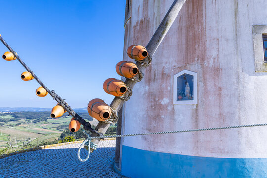 Portugal, Moita dos Ferreiros. Clay pots, known as buzio on a traditional windmill. The sound of the wind in the buzio help the miller control the mill.