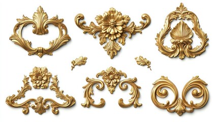 Collection of ornate golden decorative elements isolated on white.