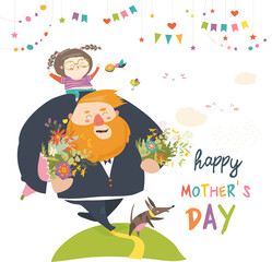 Dad and daughter carrying flowers to mom. Mothers day. Vector illustration