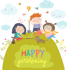 Happy children gardening on lawn. Vector illustration