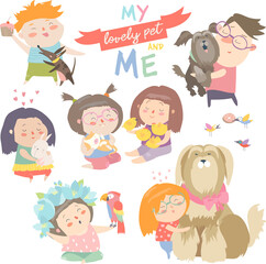 Set of characters. Children with pets. Vector illustration