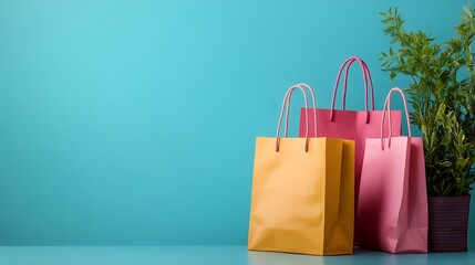 Colorful shopping bags teal background plant
