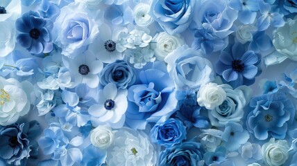 Elegant arrangement of blue and white roses and anemones for floral decor