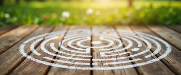 Intricate chalk maze design on weathered wooden platform bathed in warm sunlight, surrounded by lush green grass and delicate flowers