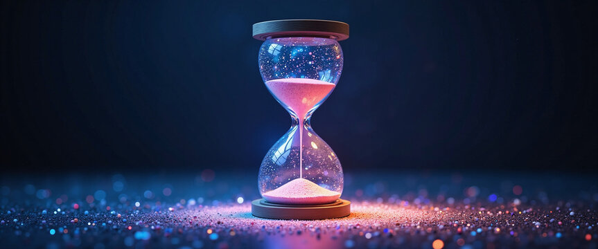 Hourglass with shimmering grains of sand illuminated by a soft glow creating a tranquil ambiance representing the essence of time management and mindful tech use