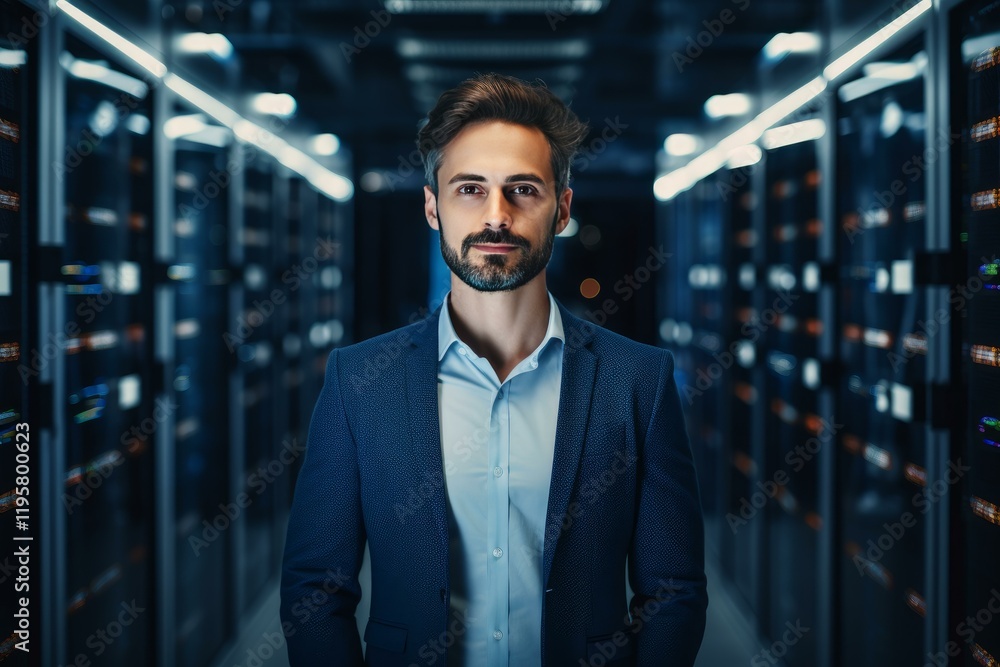 Poster portrait of an it engineer standing in the corridor of a data center next to server racks