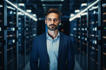 Portrait of an it engineer standing in the corridor of a data center next to server racks
