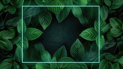 Product background, tecta: white frame decorating lush green tropical leaves, top view