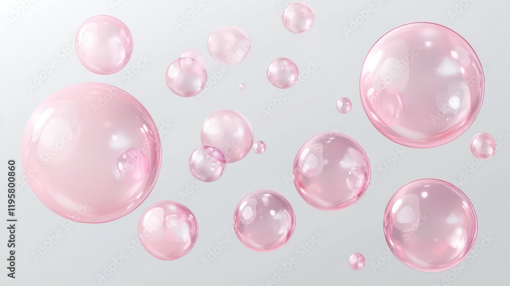 Poster abstract background of floating pink bubbles in various sizes against a light gray backdrop.