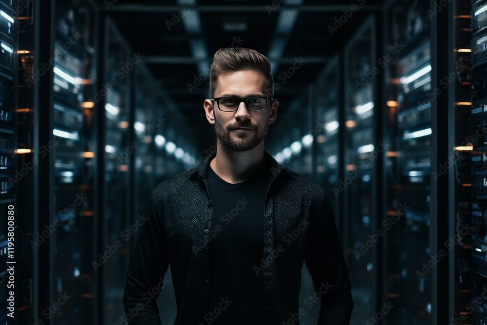 Poster it engineer standing in the corridor of a data center next to server racks