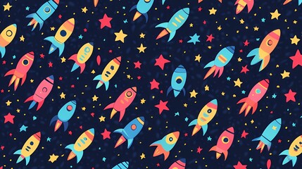 A playful dark blue background with colorful cartoon rockets and stars, perfect for a children's space-themed party invitation or educational material about astronomy